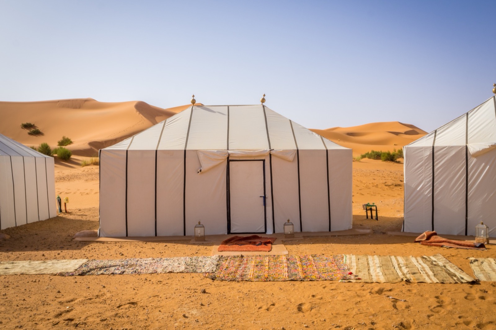 White desert-camp tents pitched on the sand under a clear desert sky